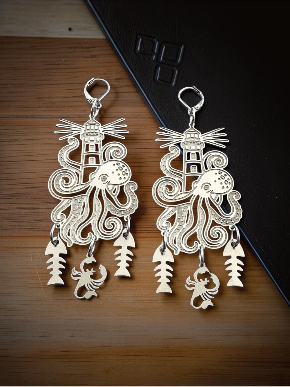 🆕 Octopus Attacking a Lighthouse with Fish and Lobster Dangle Earrings